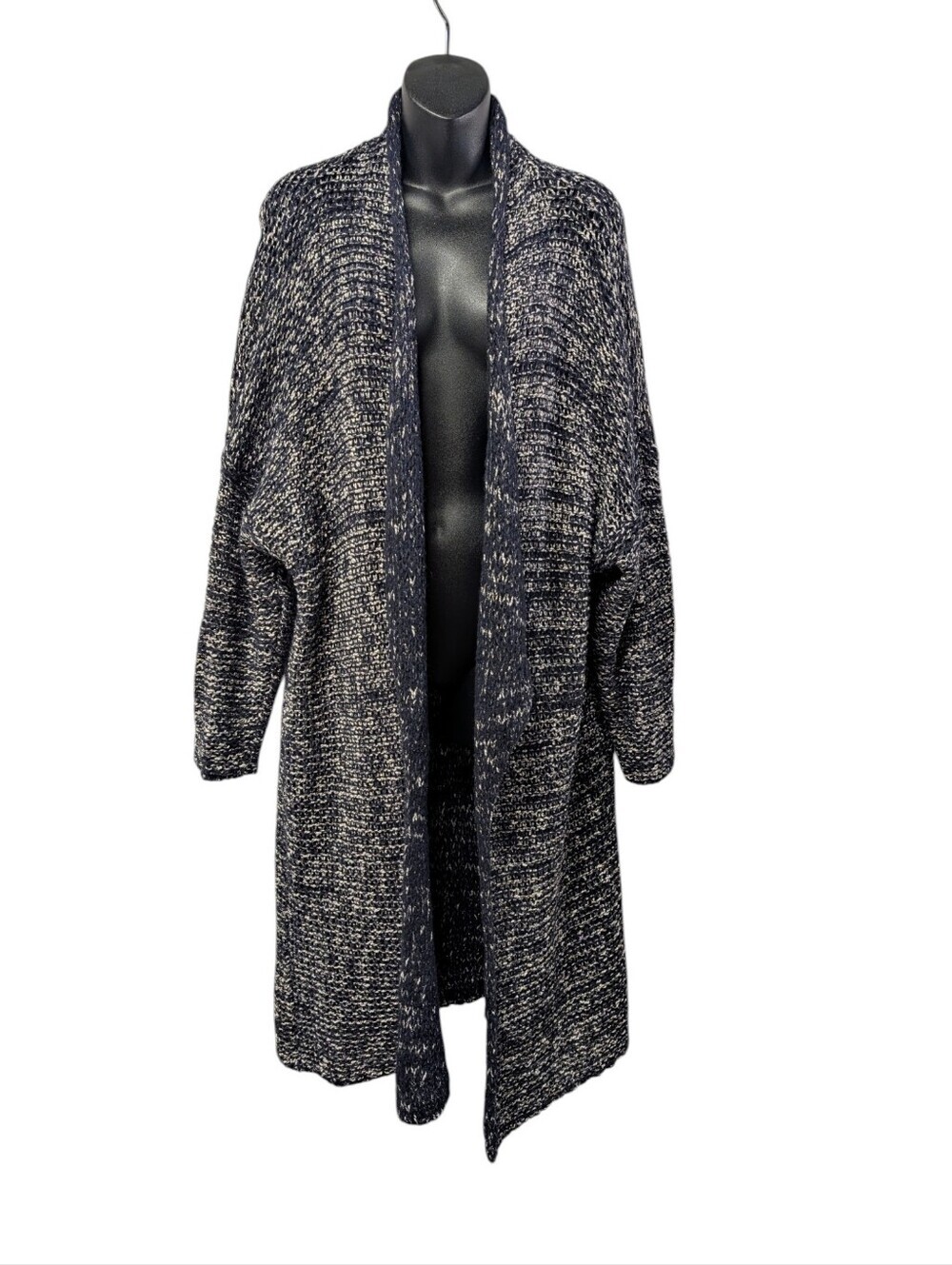Italian Made Navy Silver Wool Blend Long Open Front Knit Cardigan Duster Sz 1